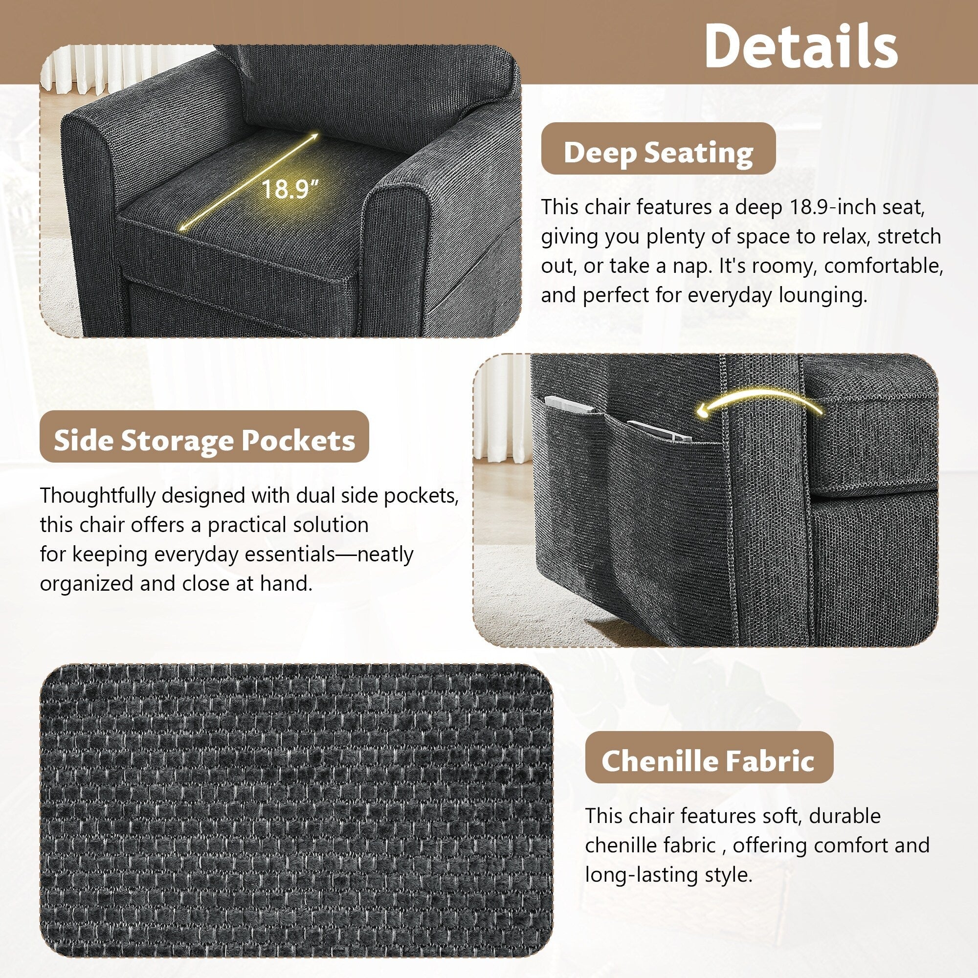 Fauteuil pivotant à 360° en chenille, fauteuil moderne avec poches latérales, fauteuil pivotant, fauteuil inclinable ergonomique pour chambre à coucher