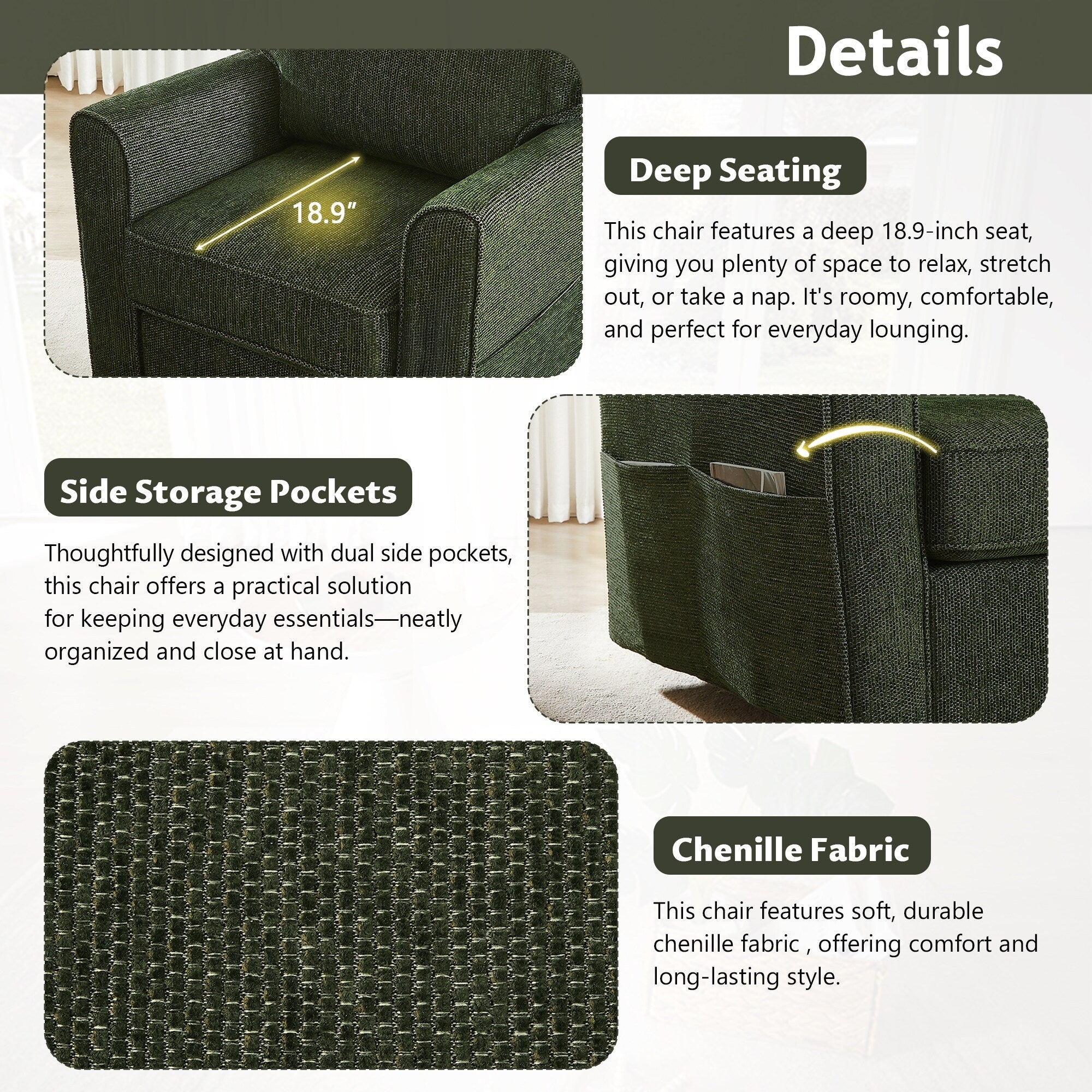 Fauteuil pivotant à 360° en chenille, fauteuil moderne avec poches latérales, fauteuil pivotant, fauteuil inclinable ergonomique pour chambre à coucher