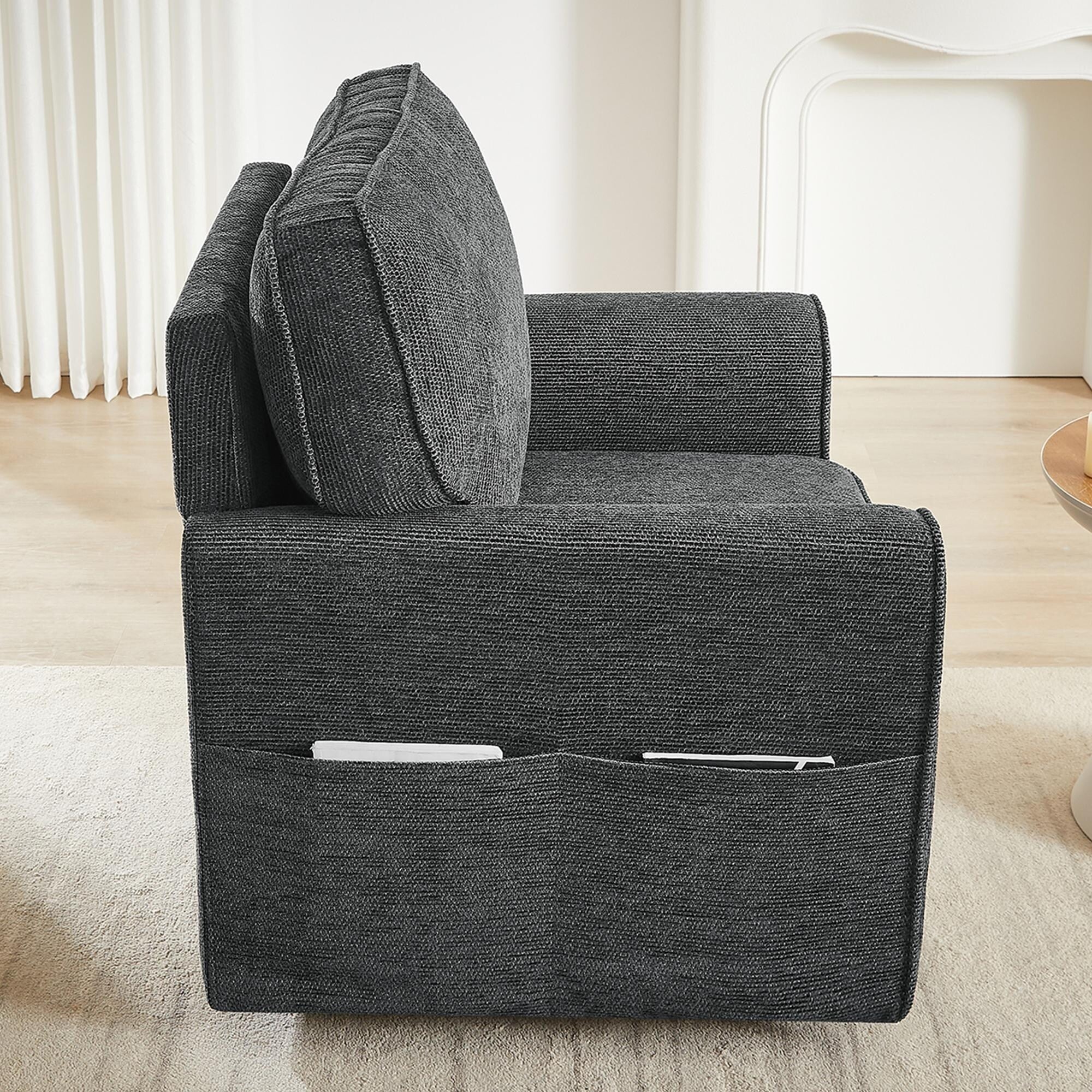Fauteuil pivotant à 360° en chenille, fauteuil moderne avec poches latérales, fauteuil pivotant, fauteuil inclinable ergonomique pour chambre à coucher