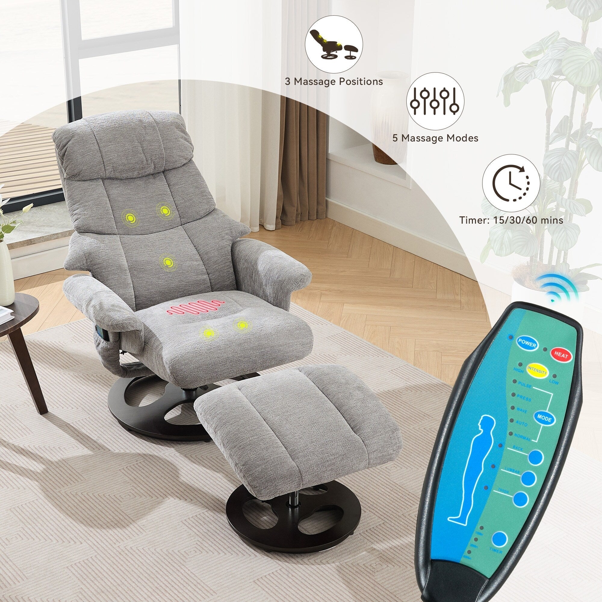 Fauteuil inclinable de massage pivotant à 360° en chenille avec pouf, massage et siège chauffant