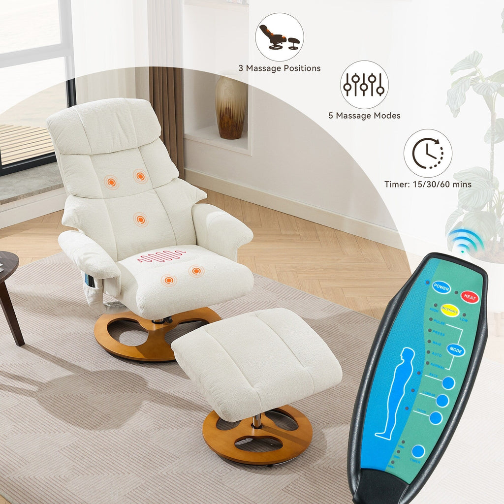 Fauteuil inclinable de massage pivotant à 360° en chenille avec pouf, massage et siège chauffant