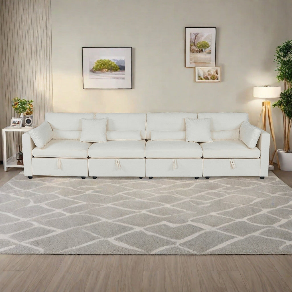 Canapé 4 places en chenille avec coussin de rangement et pieds en bois massif, et pieds en quincaillerie antirouille