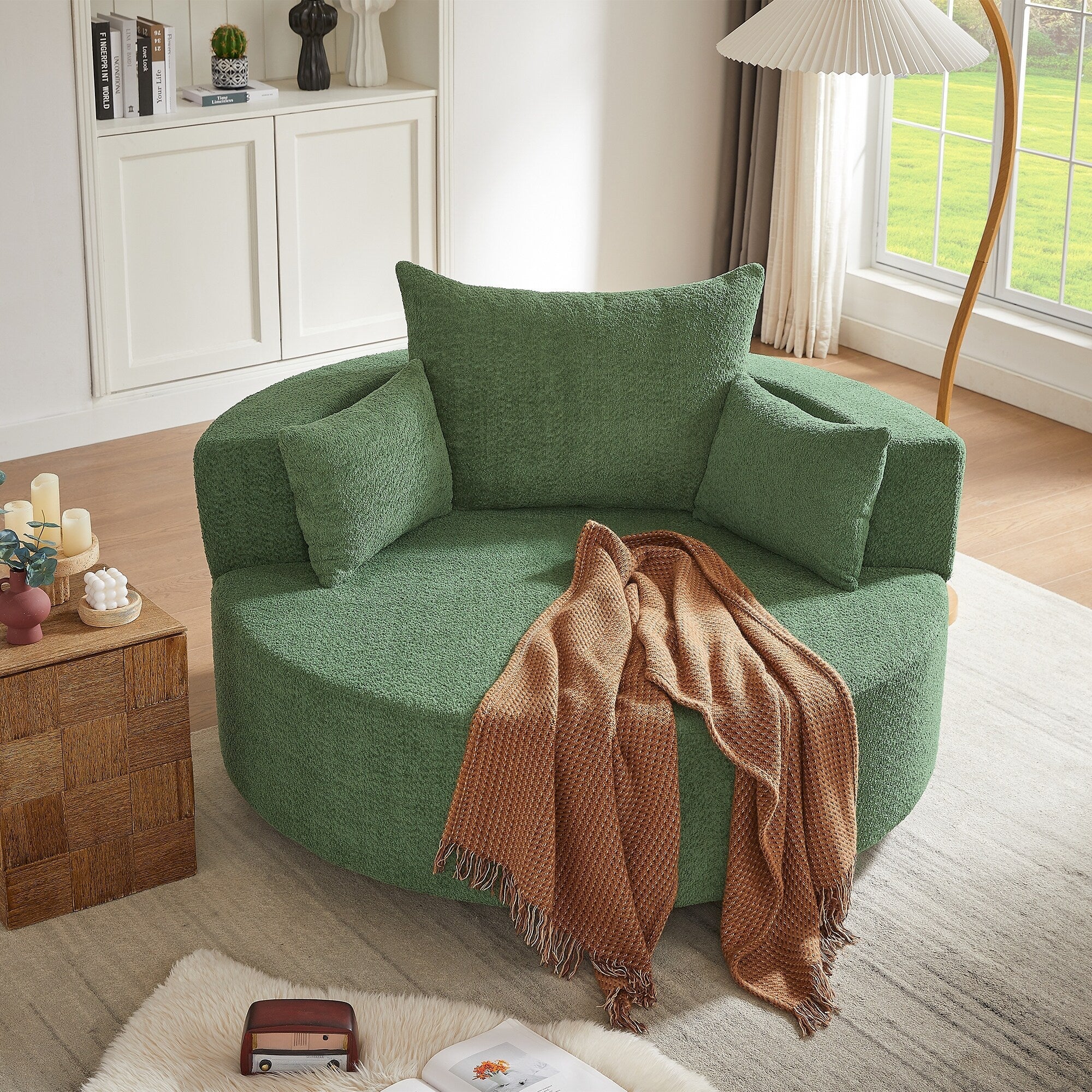 Fauteuil d'appoint en chenille, fauteuil rond avec base pivotante à 360 degrés et 3 coussins amovibles