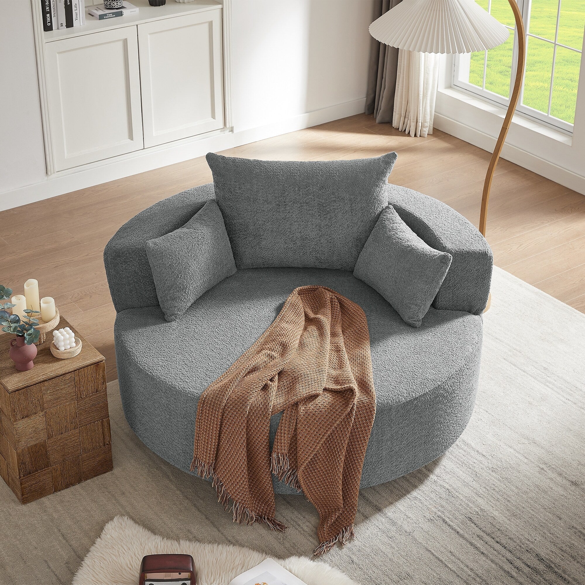 Fauteuil d'appoint en chenille, fauteuil rond avec base pivotante à 360 degrés et 3 coussins amovibles