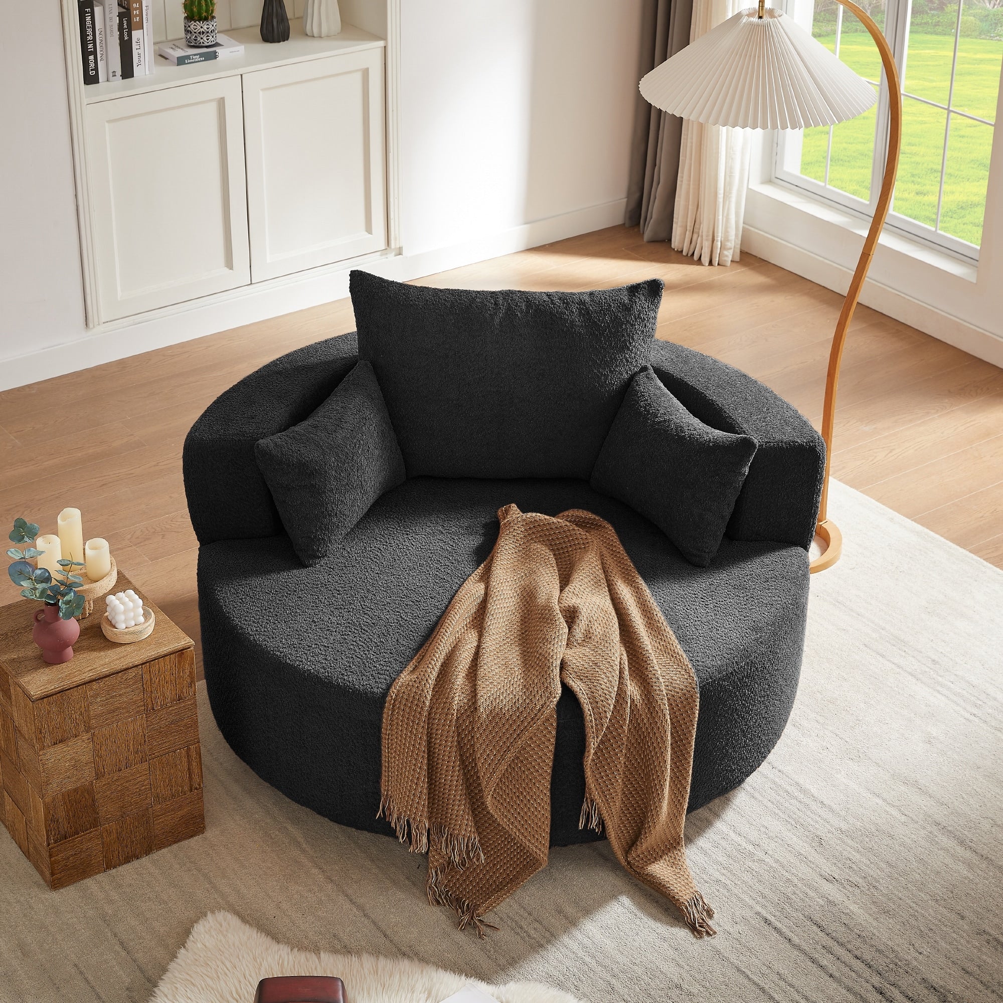 Fauteuil d'appoint en chenille, fauteuil rond avec base pivotante à 360 degrés et 3 coussins amovibles