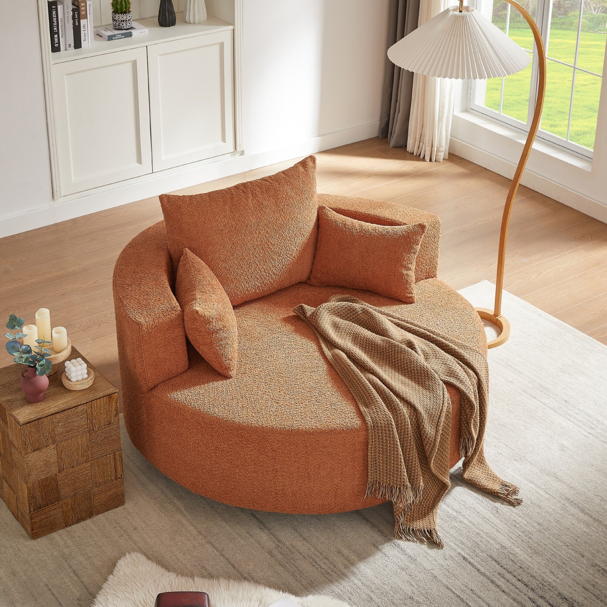 Fauteuil d'appoint en chenille, fauteuil rond avec base pivotante à 360 degrés et 3 coussins amovibles