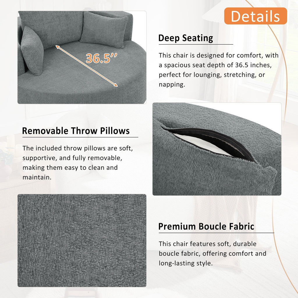 Fauteuil d'appoint en chenille, fauteuil rond avec base pivotante à 360 degrés et 3 coussins amovibles