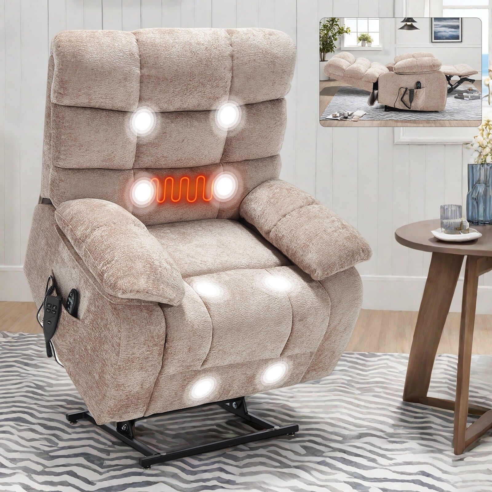 Fauteuil inclinable électrique Chenille à double moteur et position infinie, fauteuil inclinable surdimensionné avec massage thermique et télécommande électrique