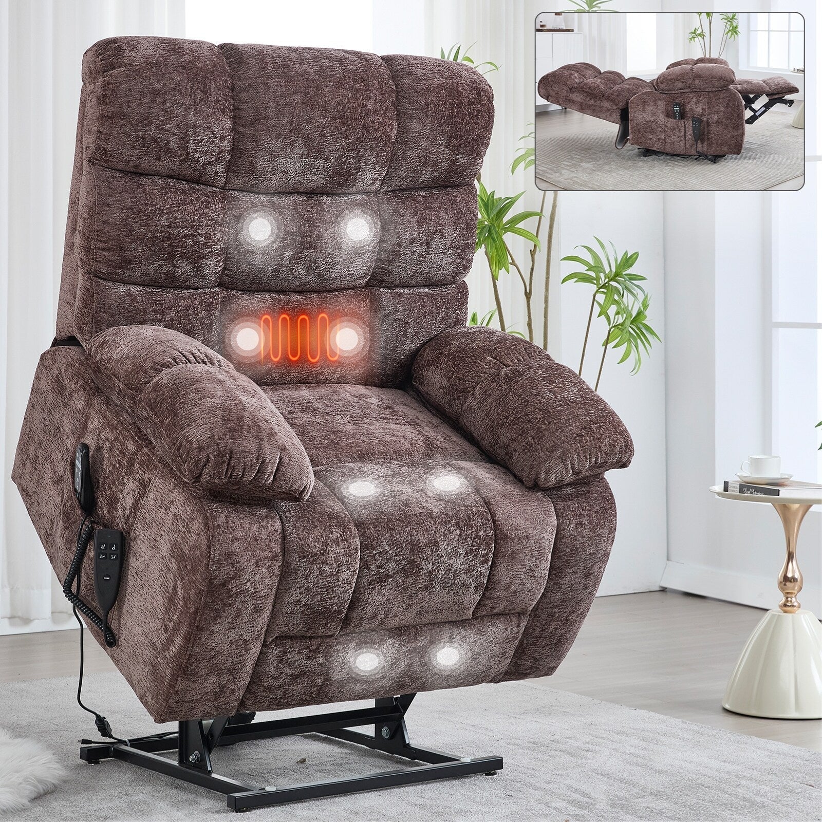 Fauteuil inclinable électrique Chenille à double moteur et position infinie, fauteuil inclinable surdimensionné avec massage thermique et télécommande électrique