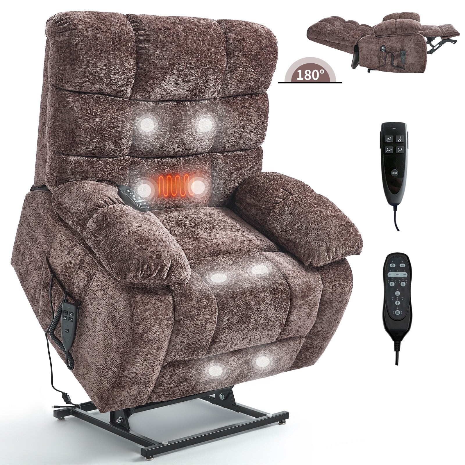 Fauteuil inclinable électrique Chenille à double moteur et position infinie, fauteuil inclinable surdimensionné avec massage thermique et télécommande électrique