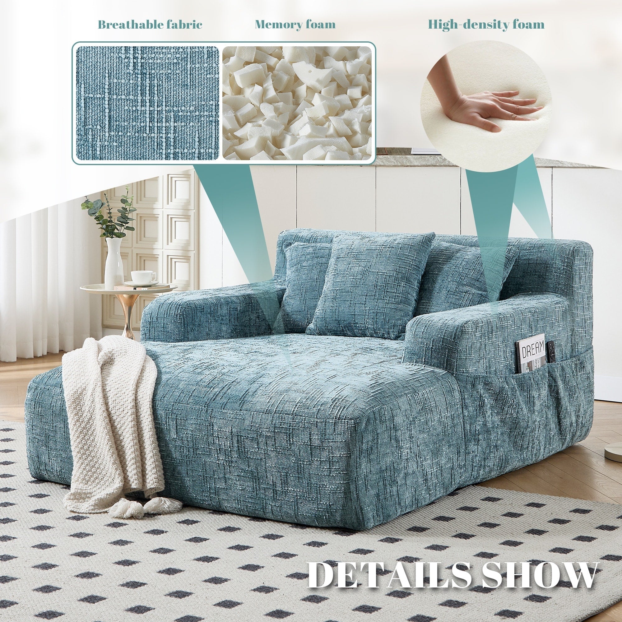 Canapé-lit en chenille avec coussins - Fauteuil convertible avec accoudoirs, canapé-lit multi-positions pour salon