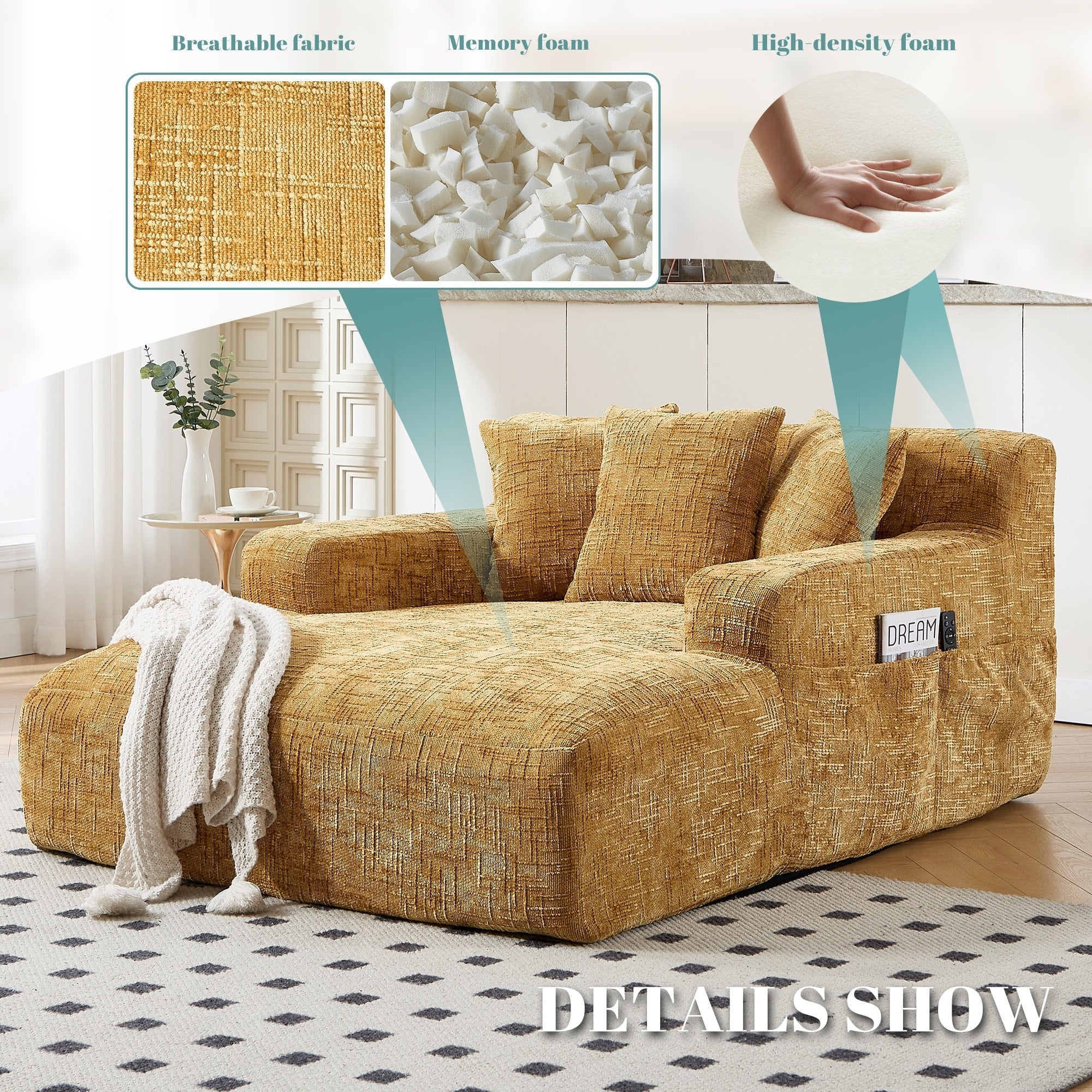 Canapé-lit en chenille avec coussins - Fauteuil convertible avec accoudoirs, canapé-lit multi-positions pour salon