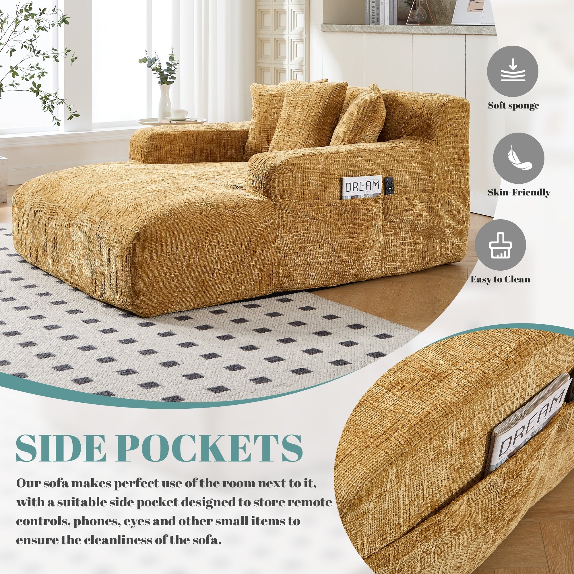 Canapé-lit en chenille avec coussins - Fauteuil convertible avec accoudoirs, canapé-lit multi-positions pour salon