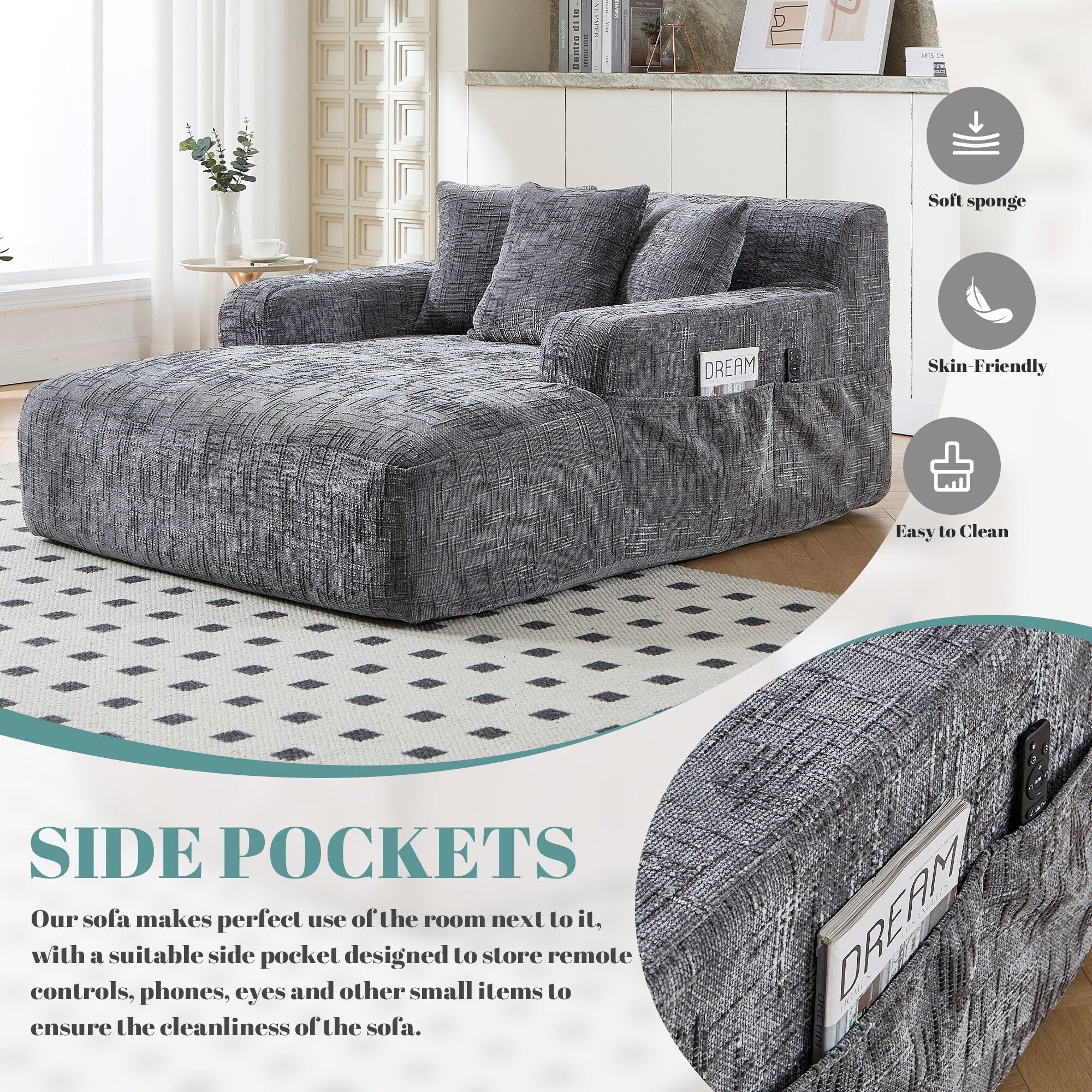 Canapé-lit en chenille avec coussins - Fauteuil convertible avec accoudoirs, canapé-lit multi-positions pour salon