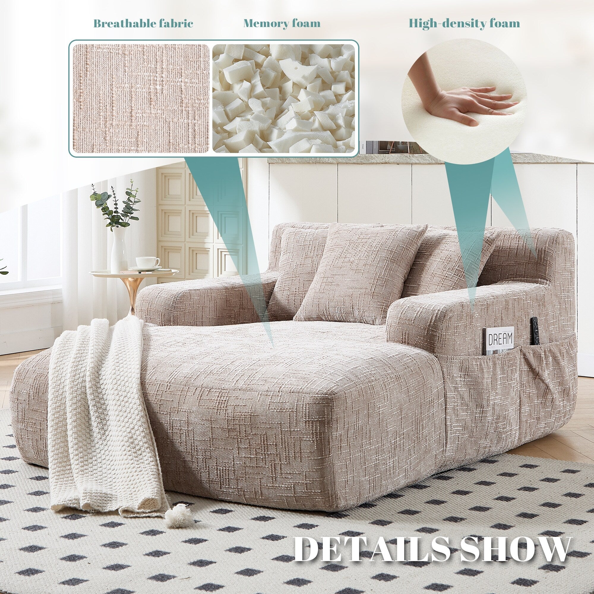 Canapé-lit en chenille avec coussins - Fauteuil convertible avec accoudoirs, canapé-lit multi-positions pour salon