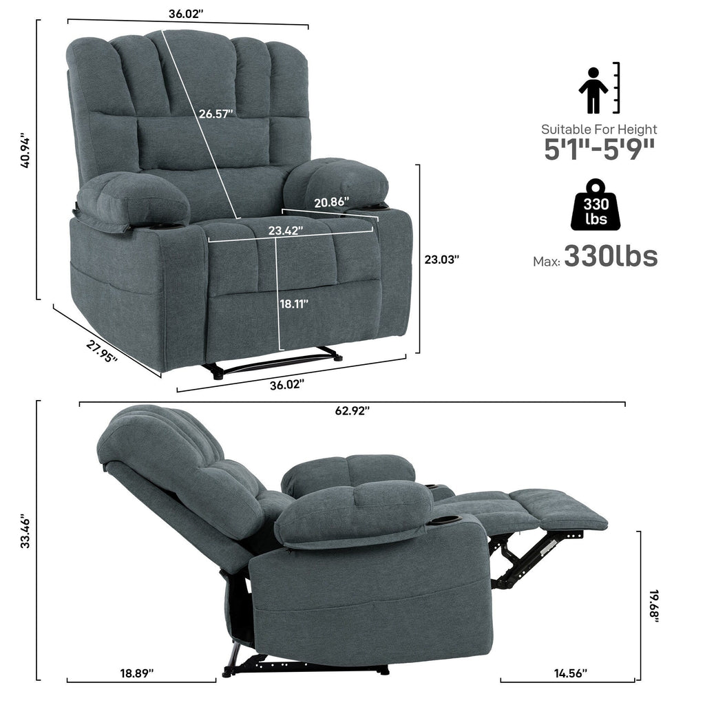 Fauteuil inclinable manuel en chenille avec massage et chauffage lombaire, deux porte-gobelets et poches latérales