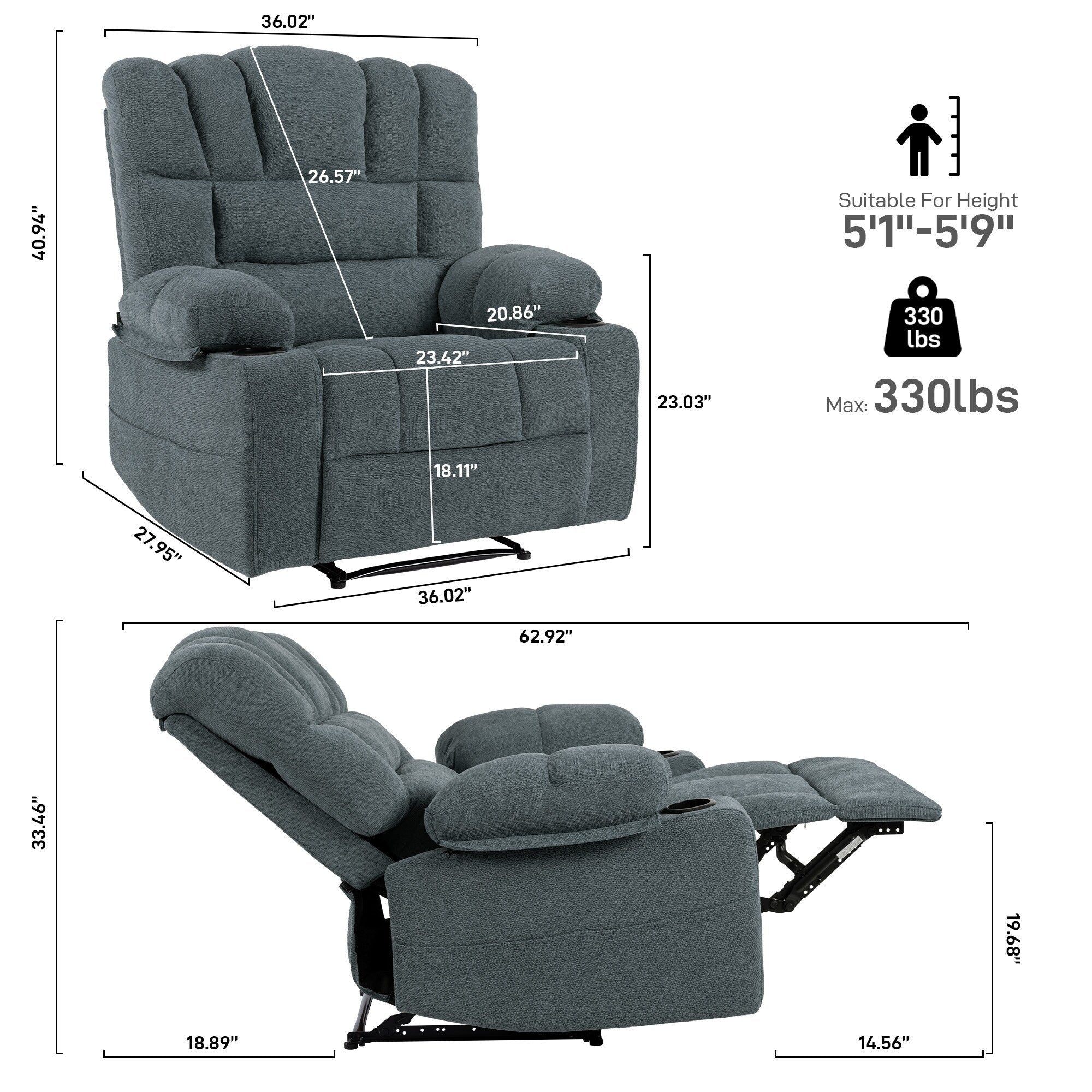 Fauteuil inclinable manuel en chenille avec massage et chauffage lombaire, deux porte-gobelets et poches latérales