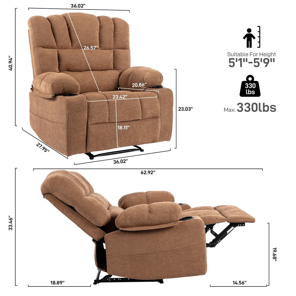 Fauteuil inclinable manuel en chenille avec massage et chauffage lombaire, deux porte-gobelets et poches latérales