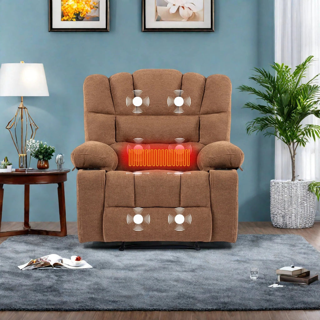 Fauteuil inclinable manuel en chenille avec massage et chauffage lombaire, deux porte-gobelets et poches latérales