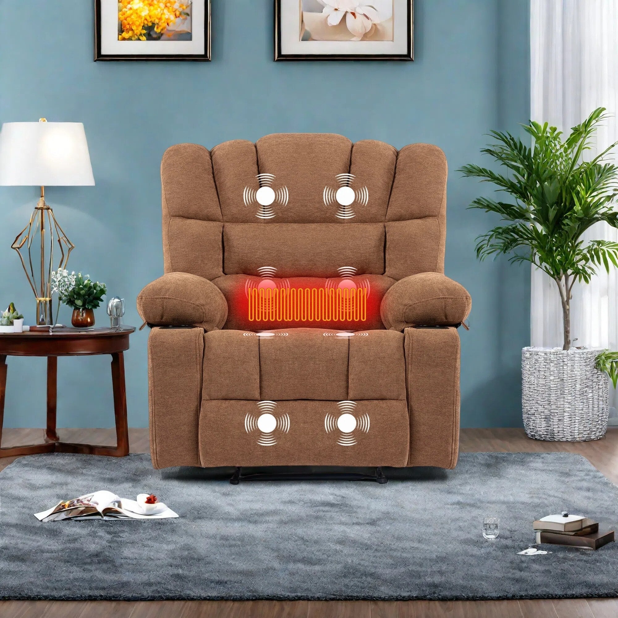 Fauteuil inclinable manuel en chenille avec massage et chauffage lombaire, deux porte-gobelets et poches latérales