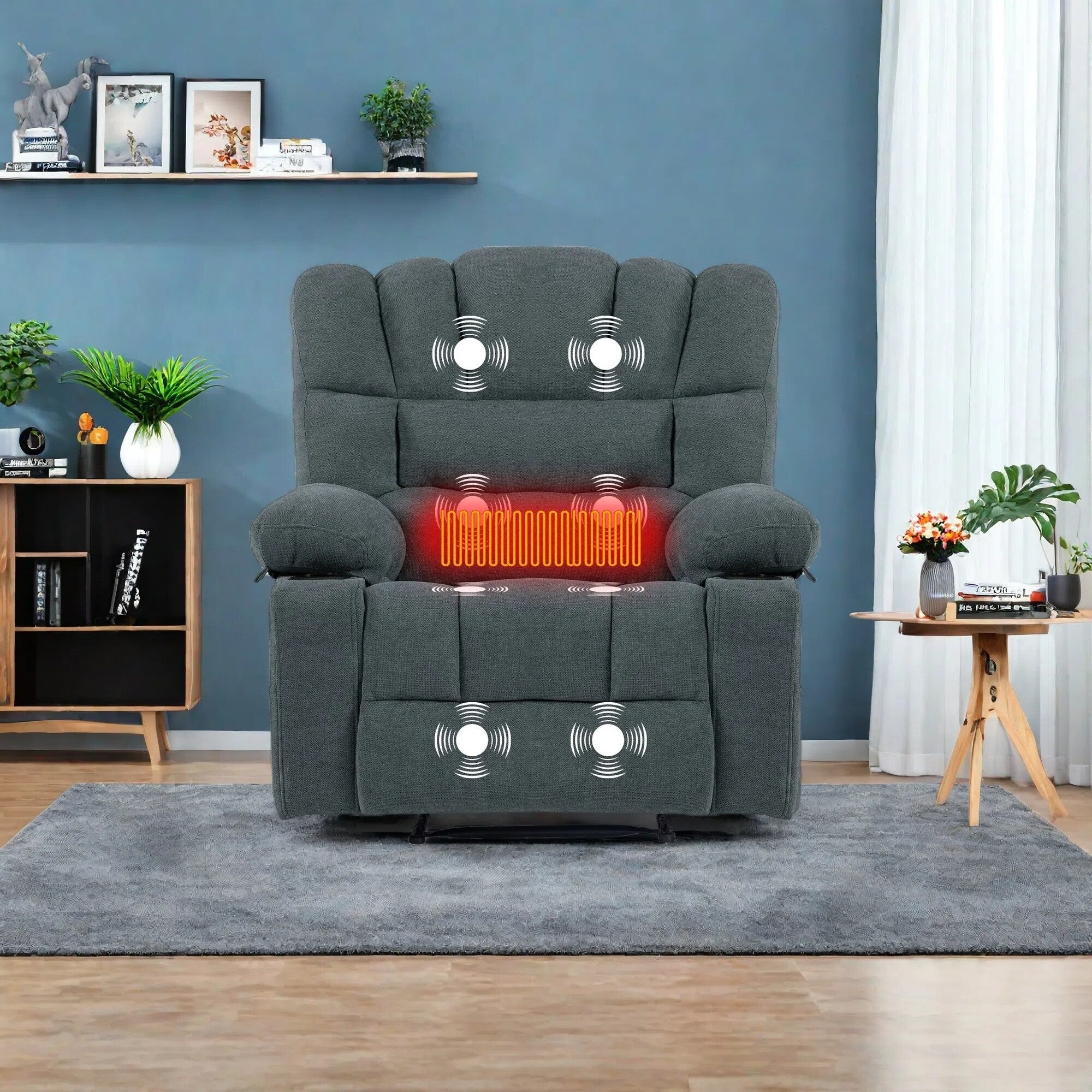 Fauteuil inclinable manuel en chenille avec massage et chauffage lombaire, deux porte-gobelets et poches latérales