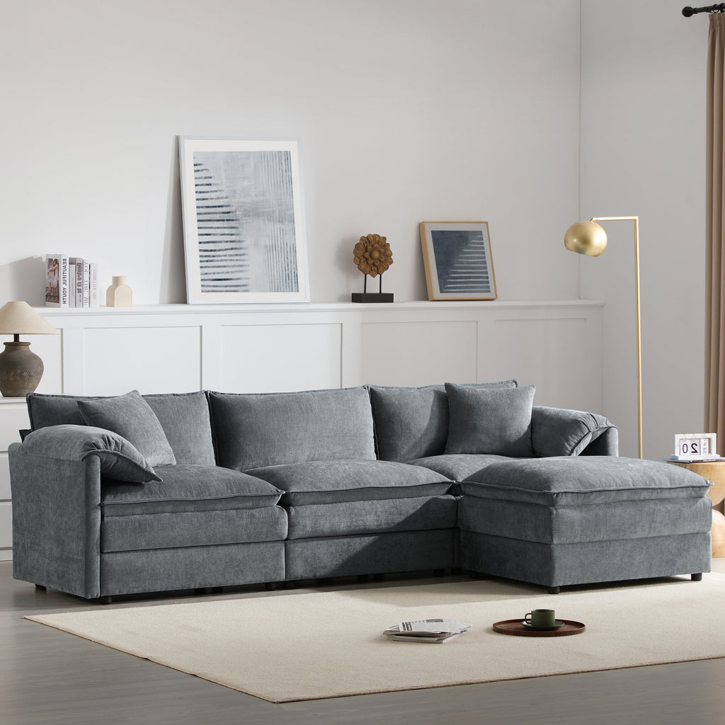 Canapé modulaire sectionnel en chenille avec assise profonde et large, ensemble de canapés nuage en L avec coussins doubles, canapé avec pouf amovible