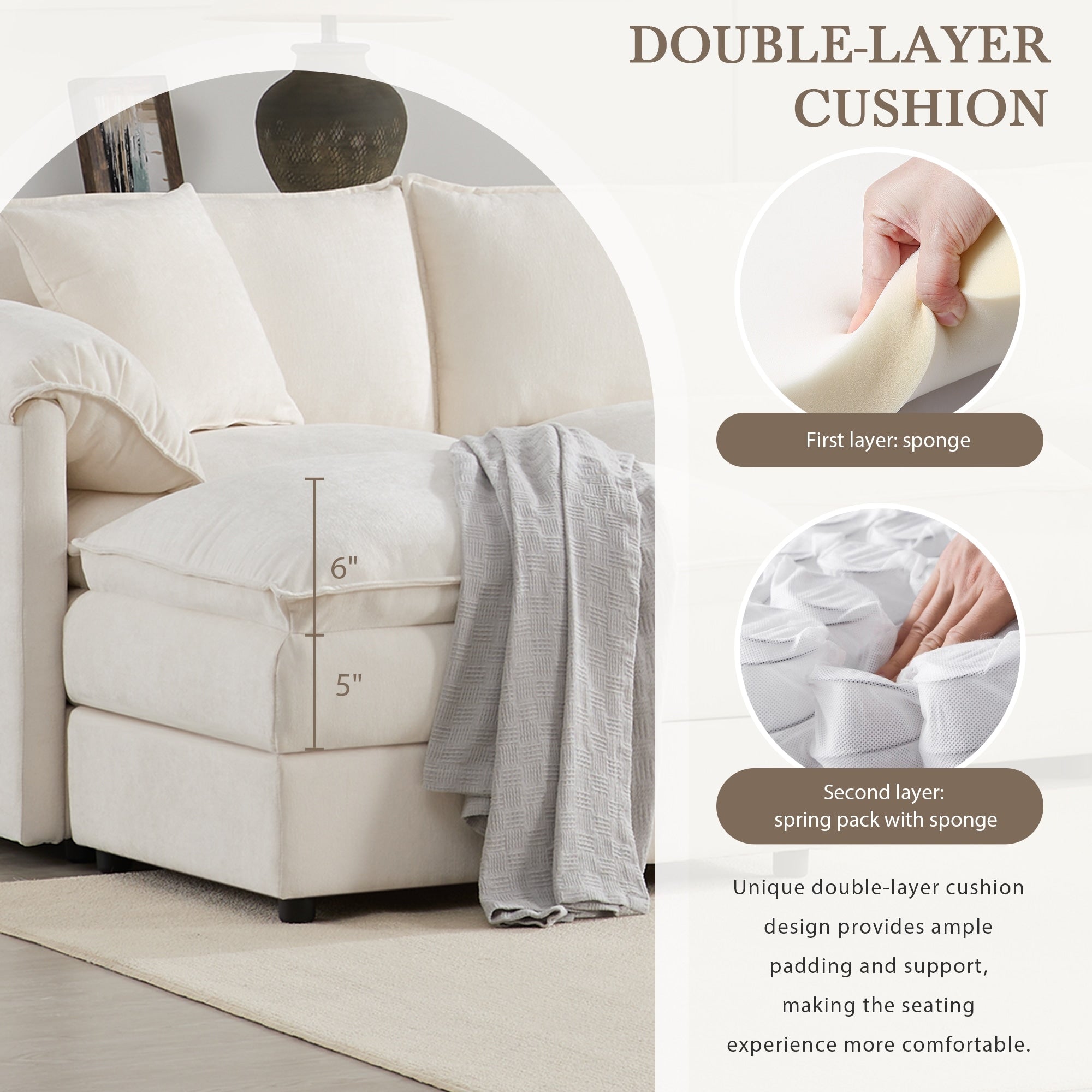 Canapé modulaire sectionnel en chenille avec assise profonde et large, ensemble de canapés nuage en L avec coussins doubles, canapé avec pouf amovible