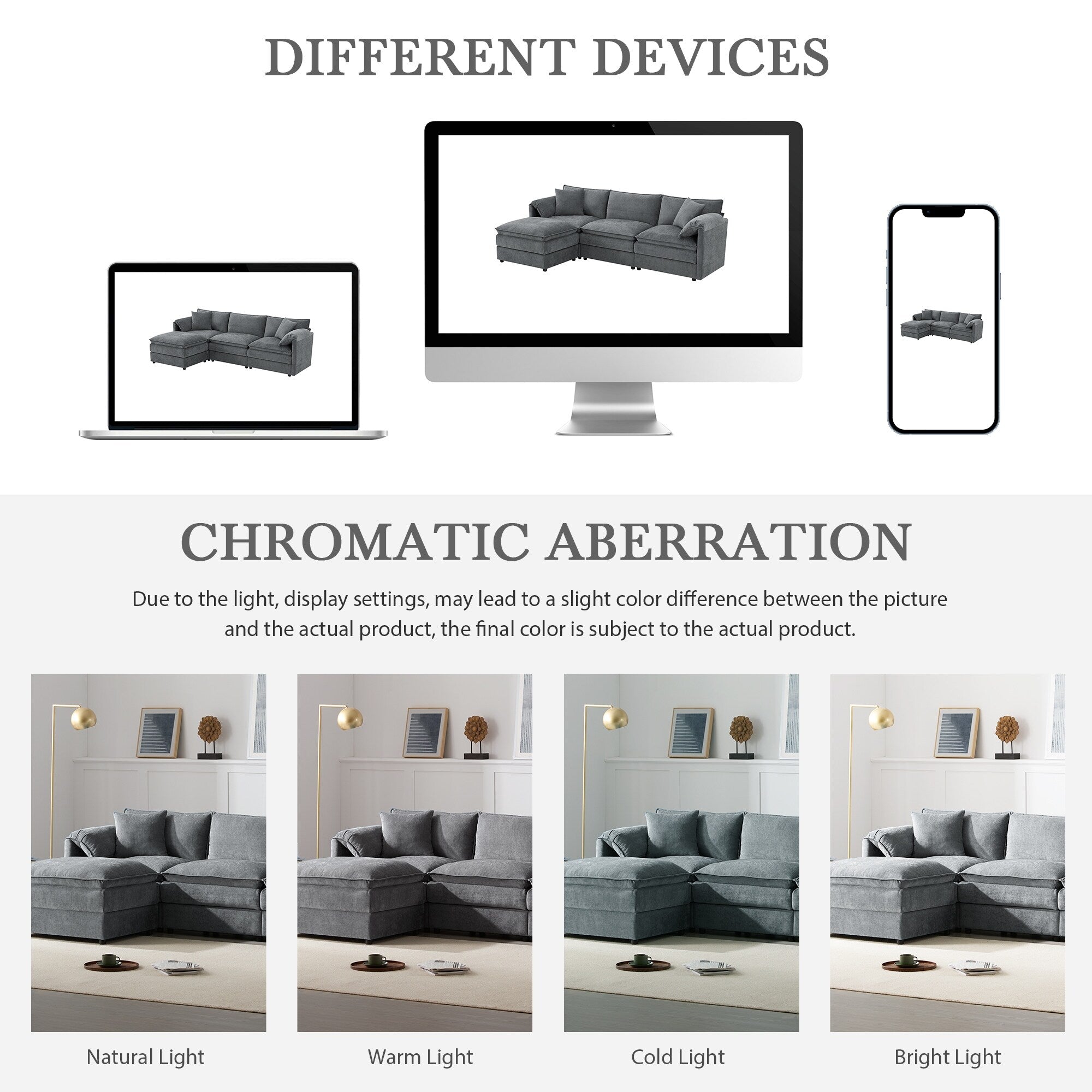 Canapé modulaire sectionnel en chenille avec assise profonde et large, ensemble de canapés nuage en L avec coussins doubles, canapé avec pouf amovible