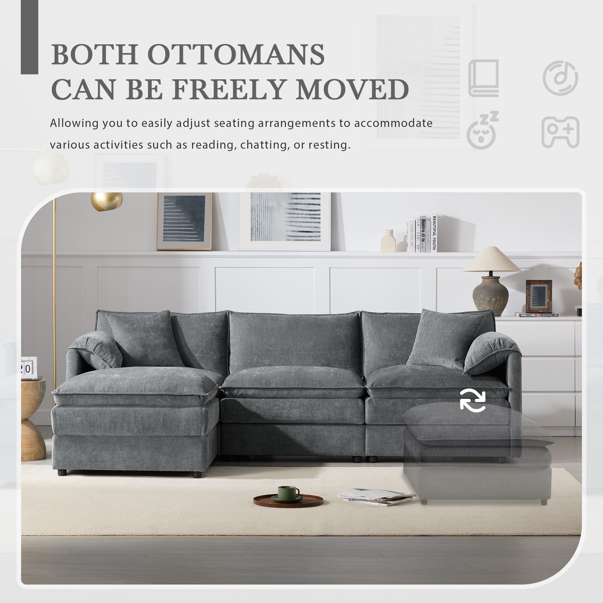 Canapé modulaire sectionnel en chenille avec assise profonde et large, ensemble de canapés nuage en L avec coussins doubles, canapé avec pouf amovible