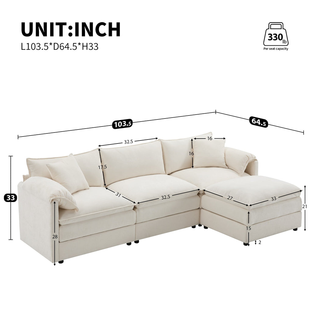 Canapé modulaire sectionnel en chenille avec assise profonde et large, ensemble de canapés nuage en L avec coussins doubles, canapé avec pouf amovible