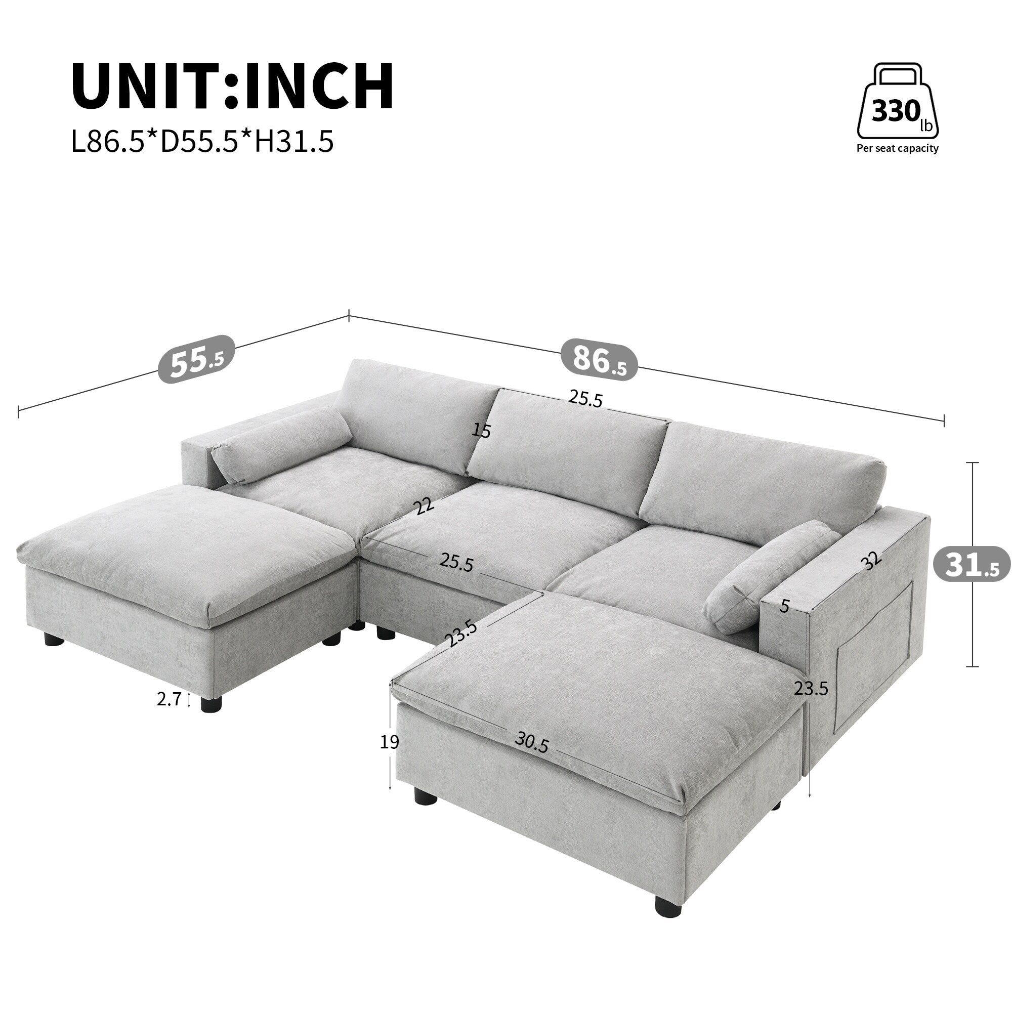 Canapé modulaire sectionnel en chenille avec poches de rangement, ensemble de canapé en U 5 places avec coussins, canapé Cloud avec 2 poufs amovibles