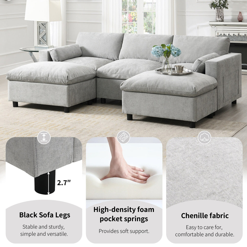 Canapé modulaire sectionnel en chenille avec poches de rangement, ensemble de canapé en U 5 places avec coussins, canapé Cloud avec 2 poufs amovibles