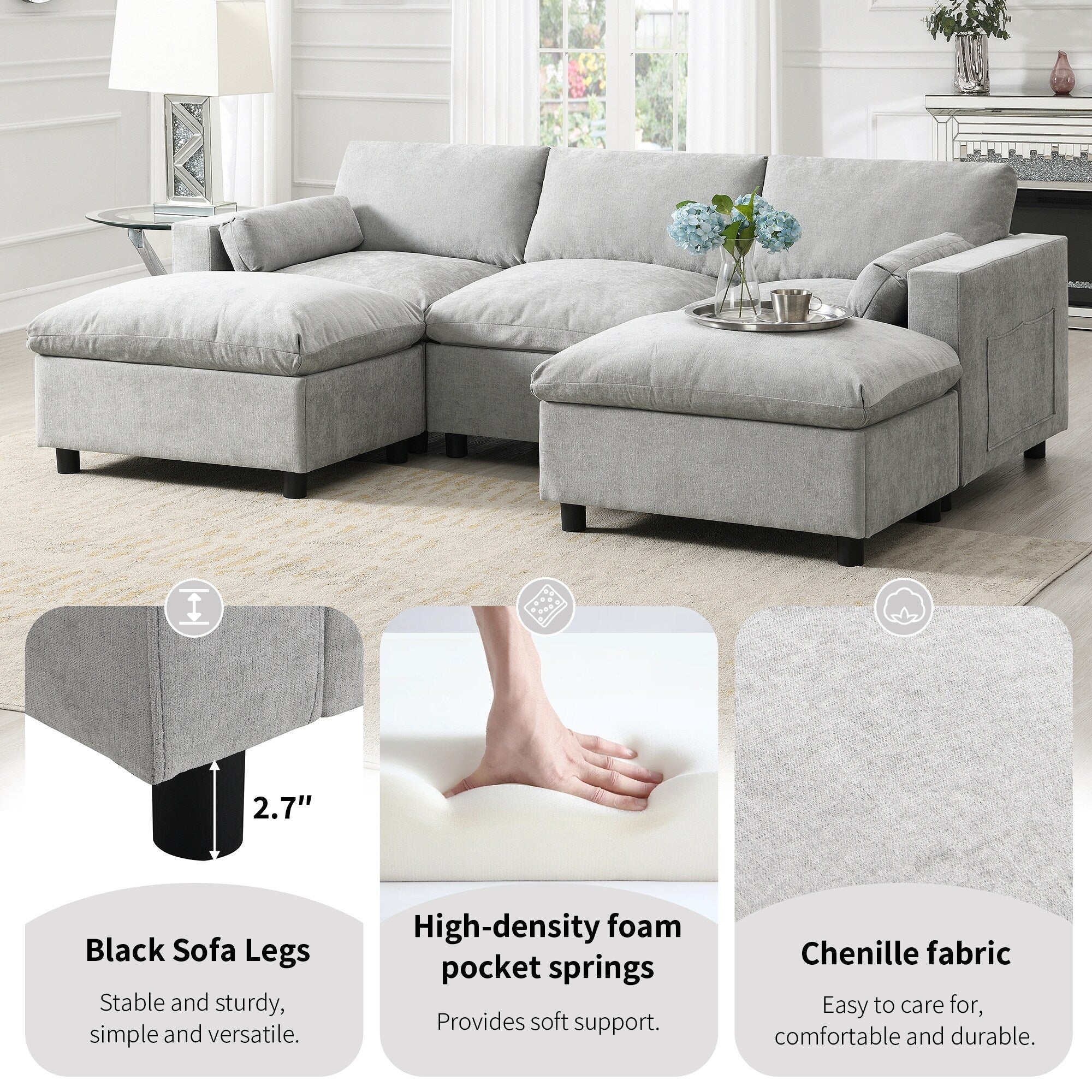 Canapé modulaire sectionnel en chenille avec poches de rangement, ensemble de canapé en U 5 places avec coussins, canapé Cloud avec 2 poufs amovibles