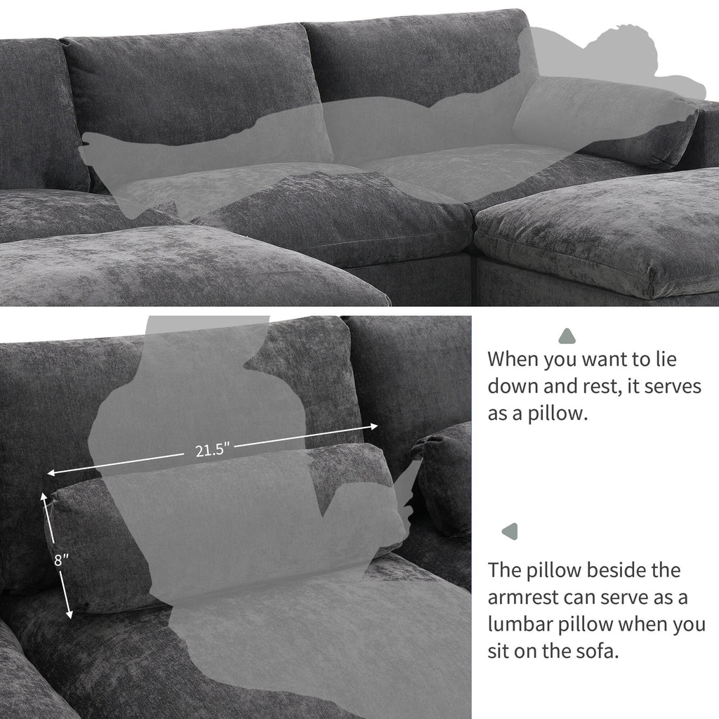 Canapé modulaire sectionnel en chenille avec poches de rangement, ensemble de canapé en U 5 places avec coussins, canapé Cloud avec 2 poufs amovibles