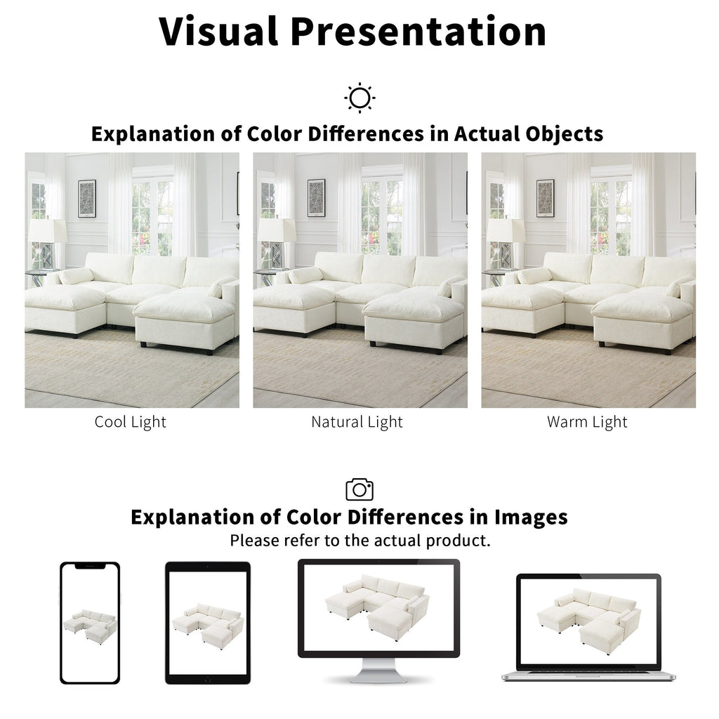 Canapé modulaire sectionnel en chenille avec poches de rangement, ensemble de canapé en U 5 places avec coussins, canapé Cloud avec 2 poufs amovibles