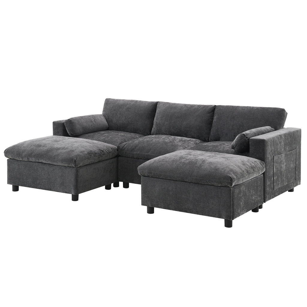 Canapé modulaire sectionnel en chenille avec poches de rangement, ensemble de canapé en U 5 places avec coussins, canapé Cloud avec 2 poufs amovibles