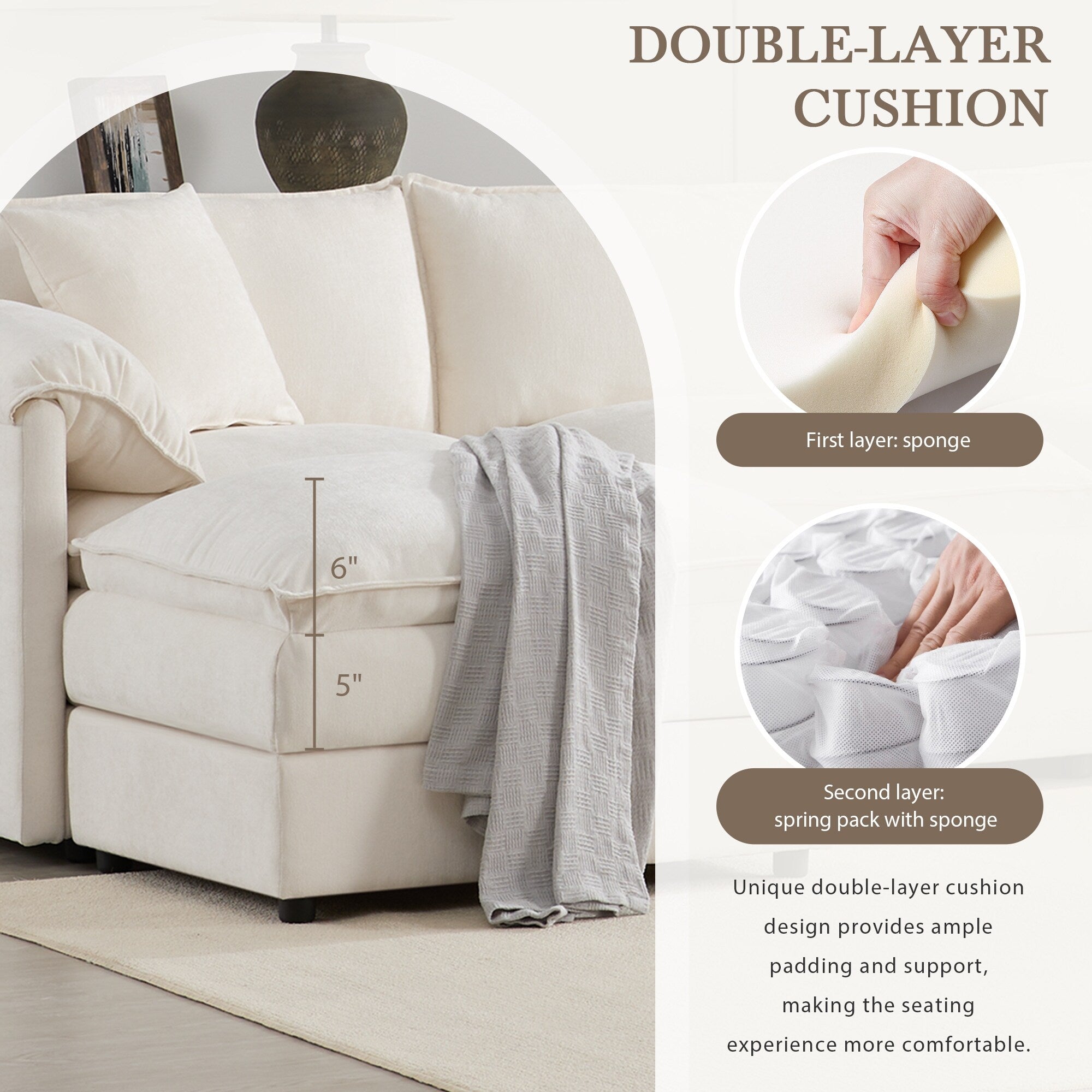 Canapé modulaire sectionnel en chenille, ensemble de canapés nuage en U avec coussins doubles, canapé 6 places avec poufs amovibles