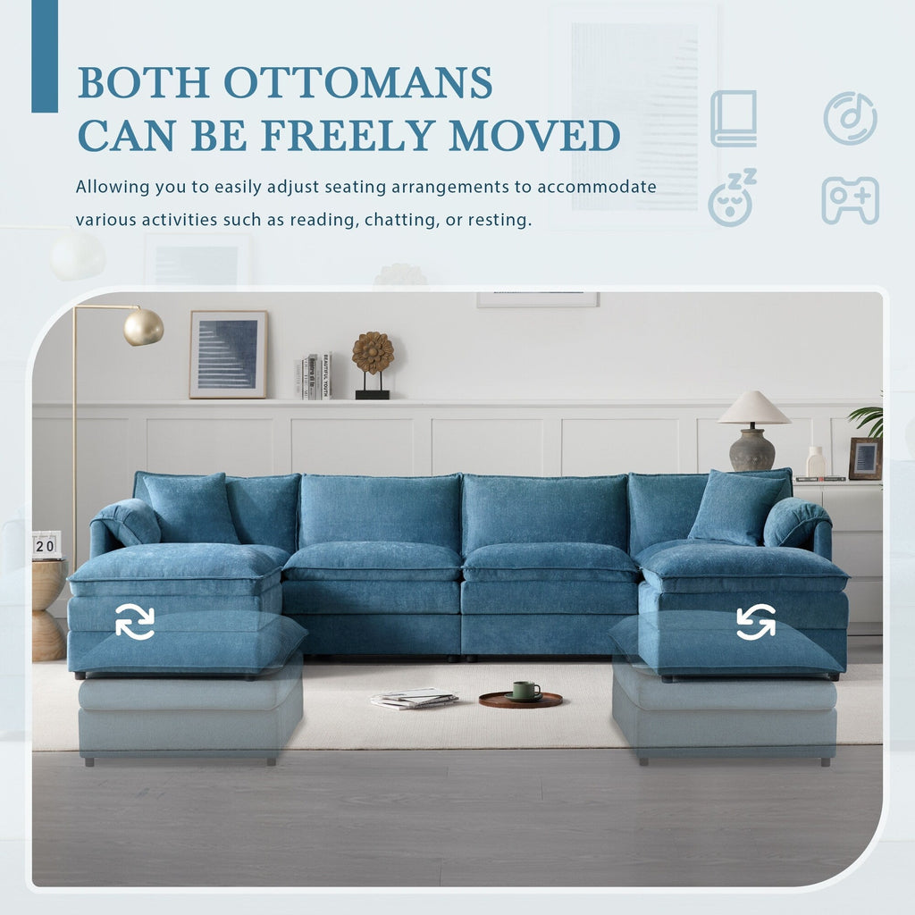 Canapé modulaire sectionnel en chenille, ensemble de canapés nuage en U avec coussins doubles, canapé 6 places avec poufs amovibles