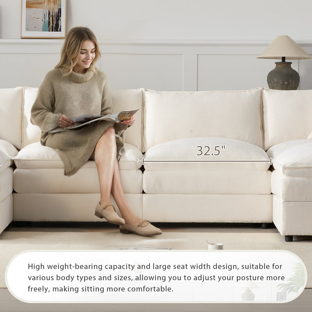 Canapé modulaire sectionnel en chenille, ensemble de canapés nuage en U avec coussins doubles, canapé 6 places avec poufs amovibles