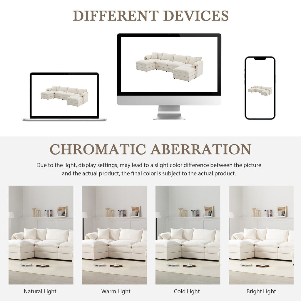 Canapé modulaire sectionnel en chenille, ensemble de canapés nuage en U avec coussins doubles, canapé 6 places avec poufs amovibles