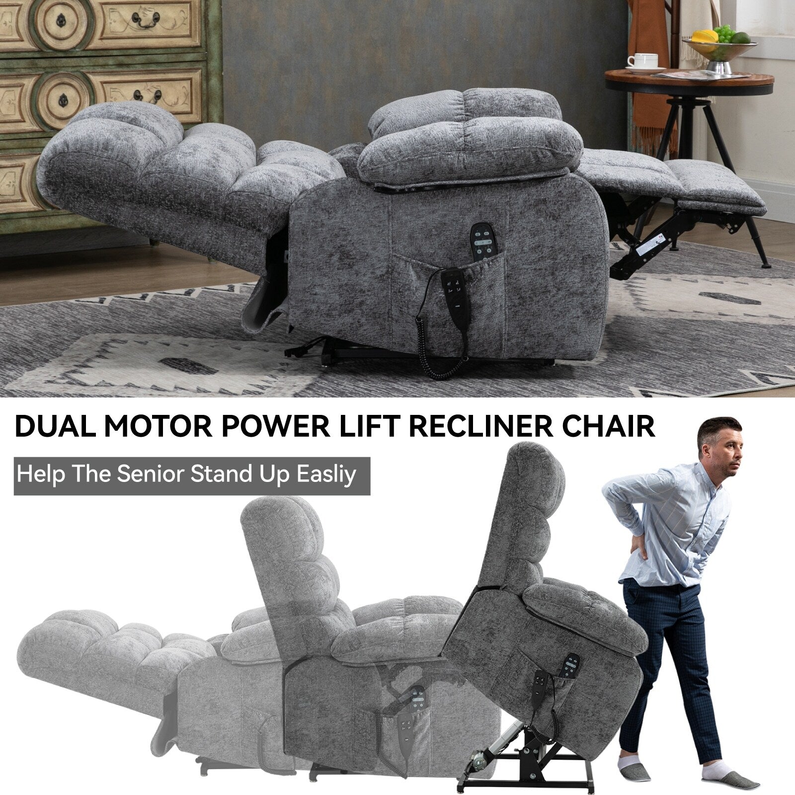 Fauteuil inclinable électrique surdimensionné en chenille avec double moteur et chauffage