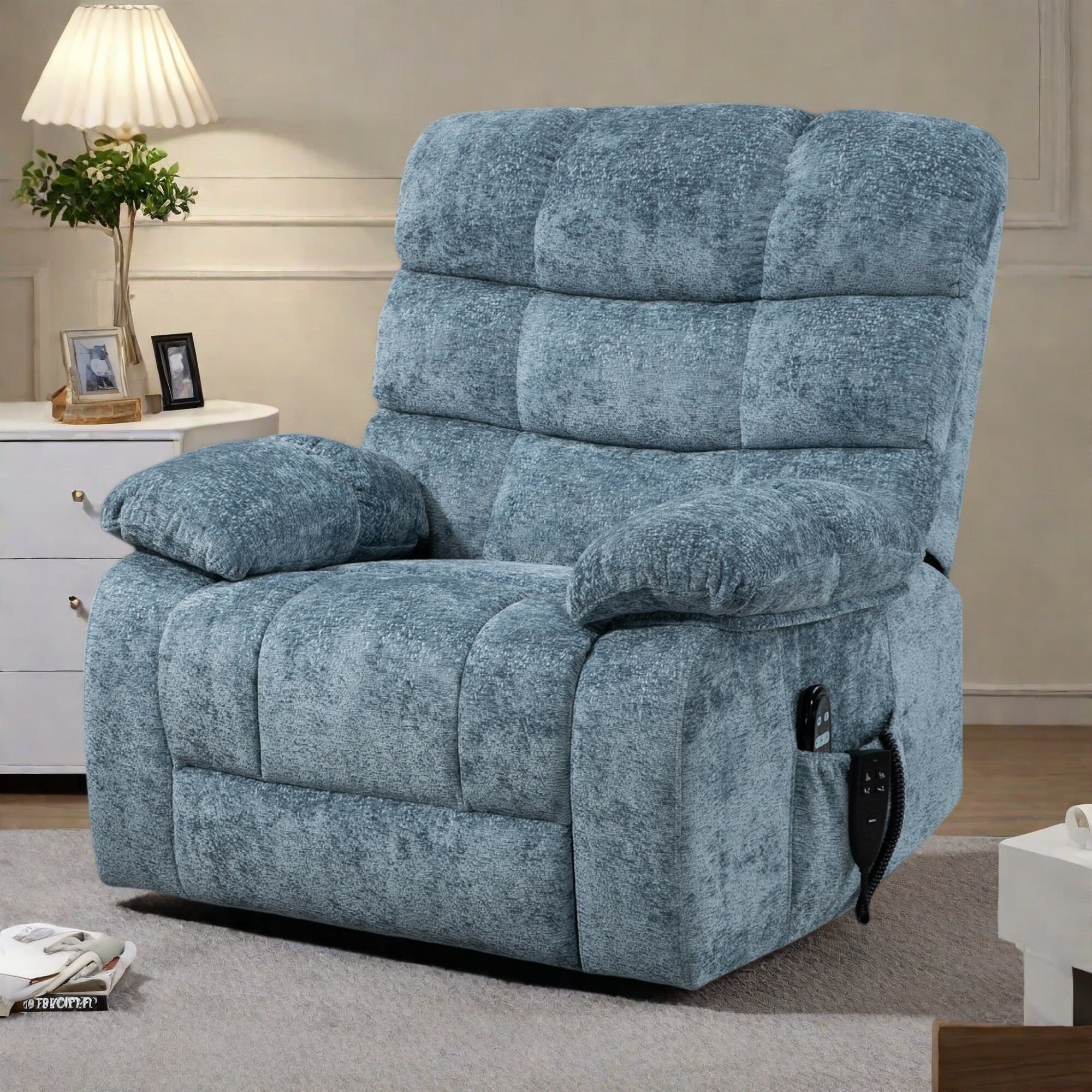 Fauteuil inclinable électrique surdimensionné en chenille avec double moteur, massage, chauffage lombaire et inclinaison complète