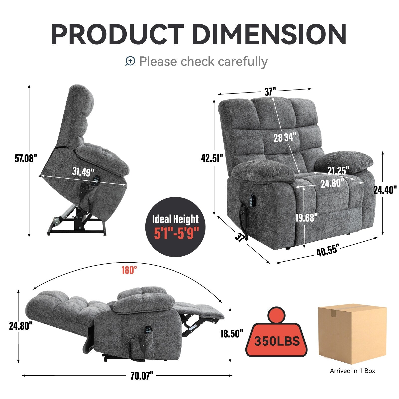 Fauteuil inclinable électrique surdimensionné en chenille avec double moteur, massage, chauffage lombaire et inclinaison complète