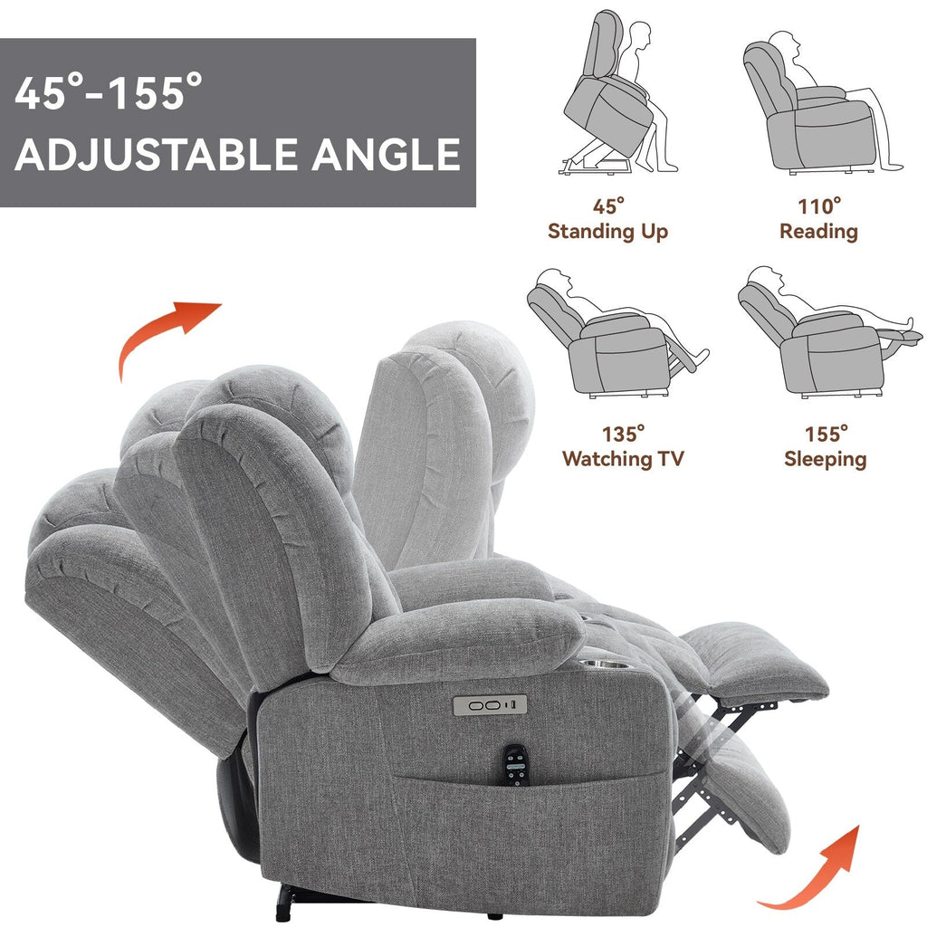 Fauteuil inclinable et massant à 8 points avec relevage électrique en chenille, chauffage de la taille, ports USB et porte-gobelet en acier inoxydable
