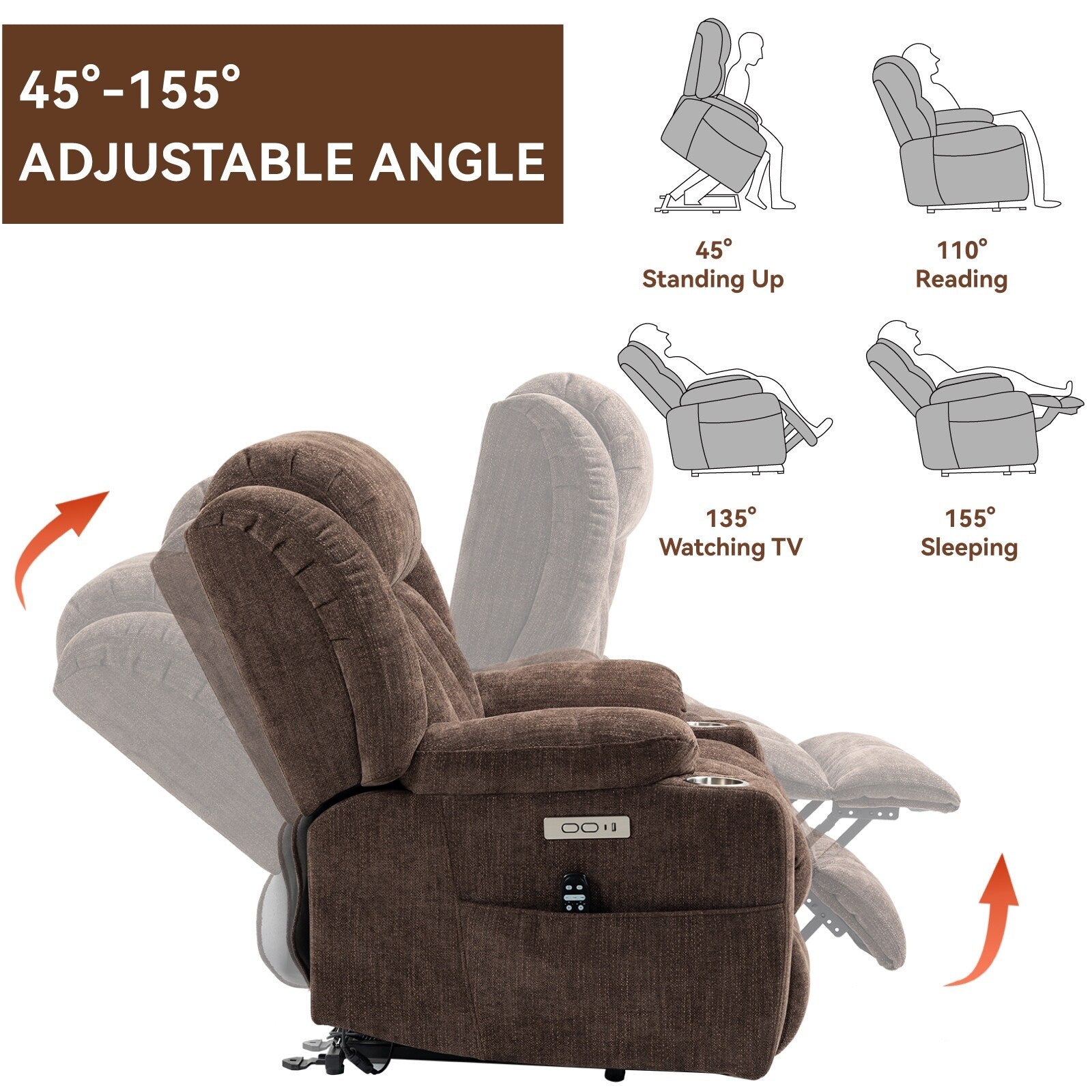 Fauteuil inclinable et massant à 8 points avec relevage électrique en chenille, chauffage de la taille, ports USB et porte-gobelet en acier inoxydable
