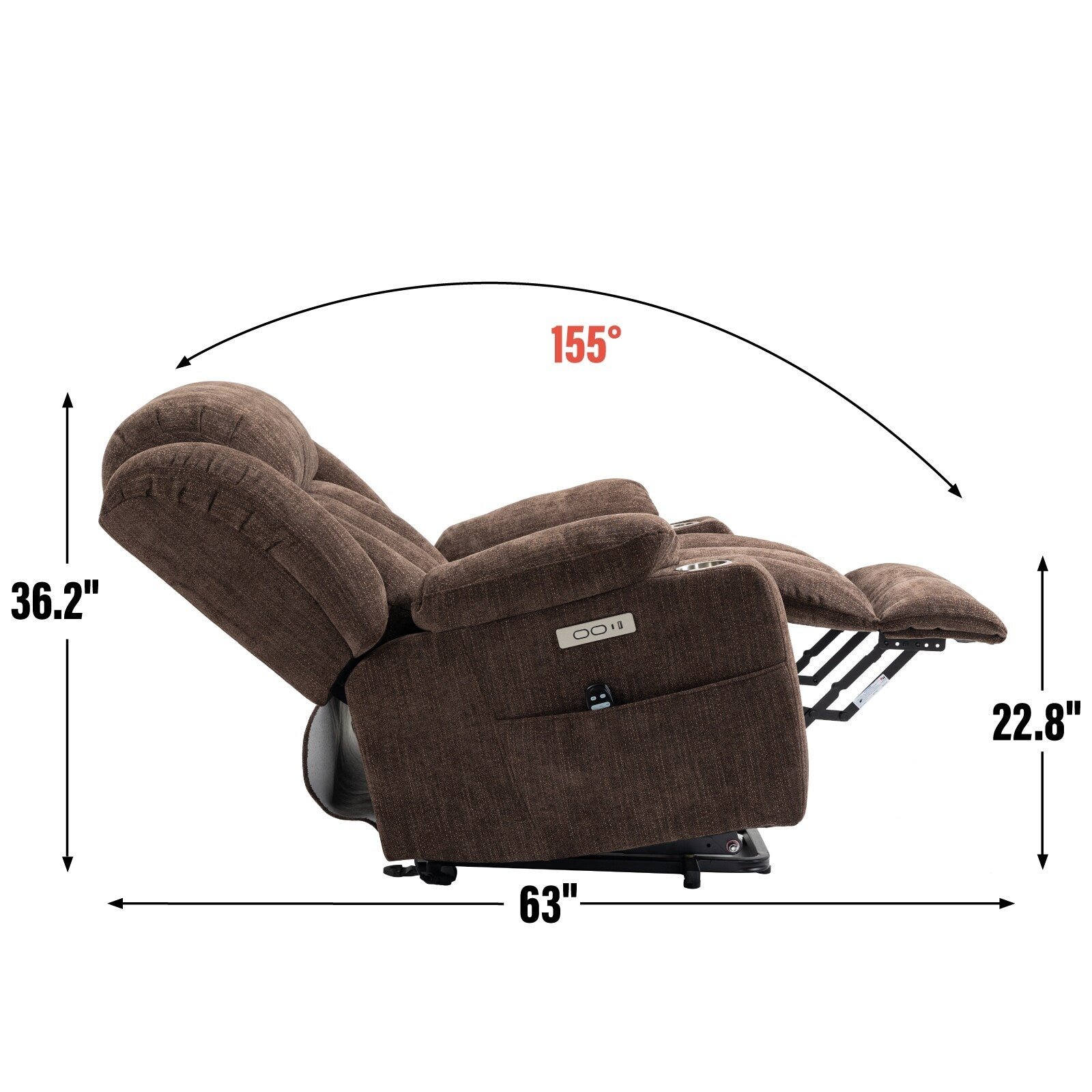 Fauteuil inclinable et massant à 8 points avec relevage électrique en chenille, chauffage de la taille, ports USB et porte-gobelet en acier inoxydable