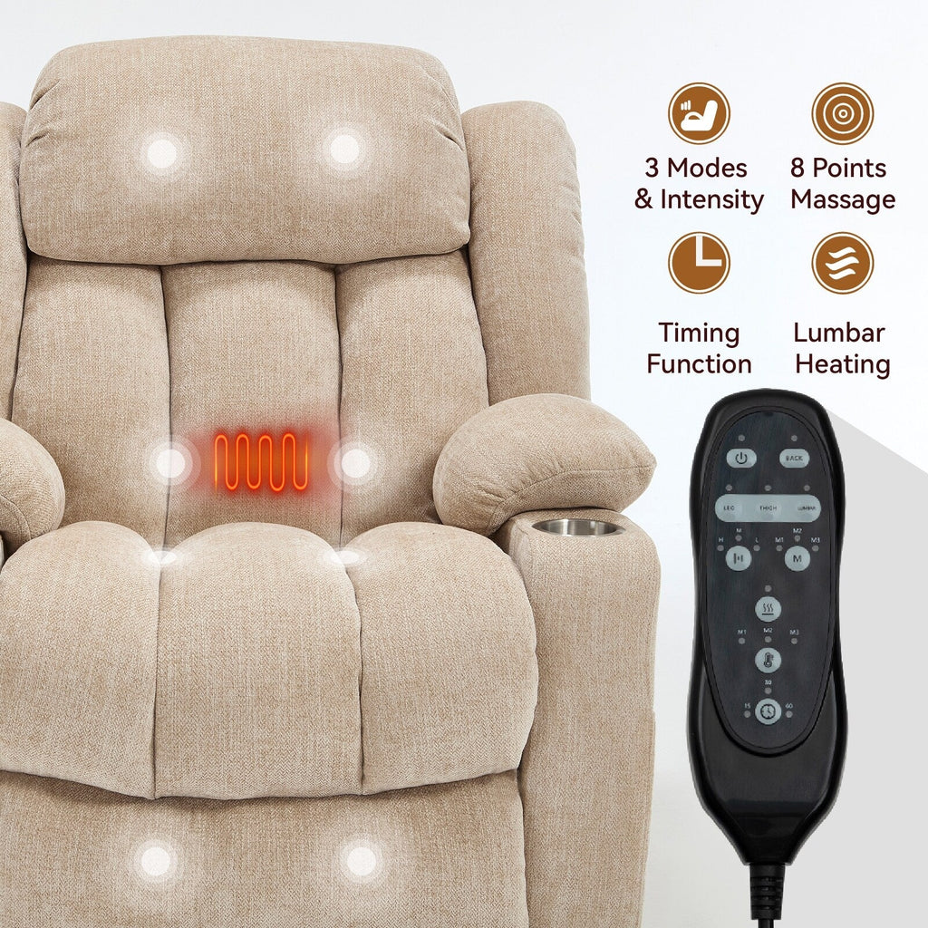 Fauteuil inclinable et massant à 8 points avec relevage électrique en chenille, chauffage de la taille, ports USB et porte-gobelet en acier inoxydable