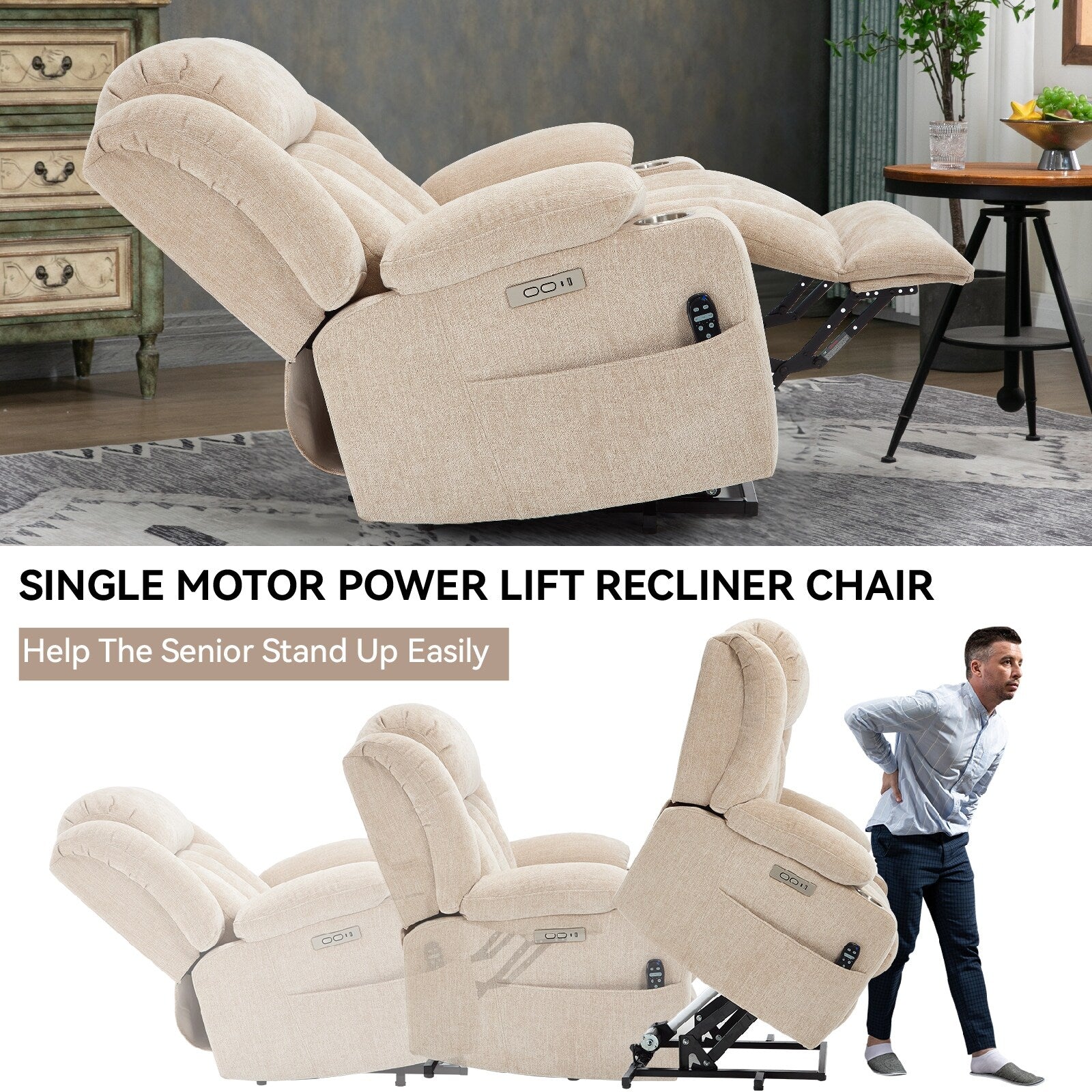 Fauteuil inclinable et massant à 8 points avec relevage électrique en chenille, chauffage de la taille, ports USB et porte-gobelet en acier inoxydable