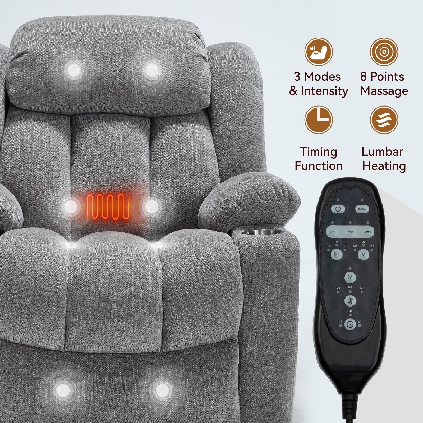 Fauteuil inclinable et massant à 8 points avec relevage électrique en chenille, chauffage de la taille, ports USB et porte-gobelet en acier inoxydable