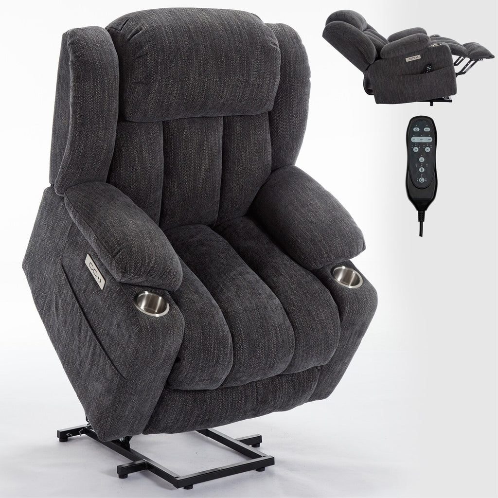 Fauteuil inclinable et massant à 8 points avec relevage électrique en chenille, chauffage de la taille, ports USB et porte-gobelet en acier inoxydable